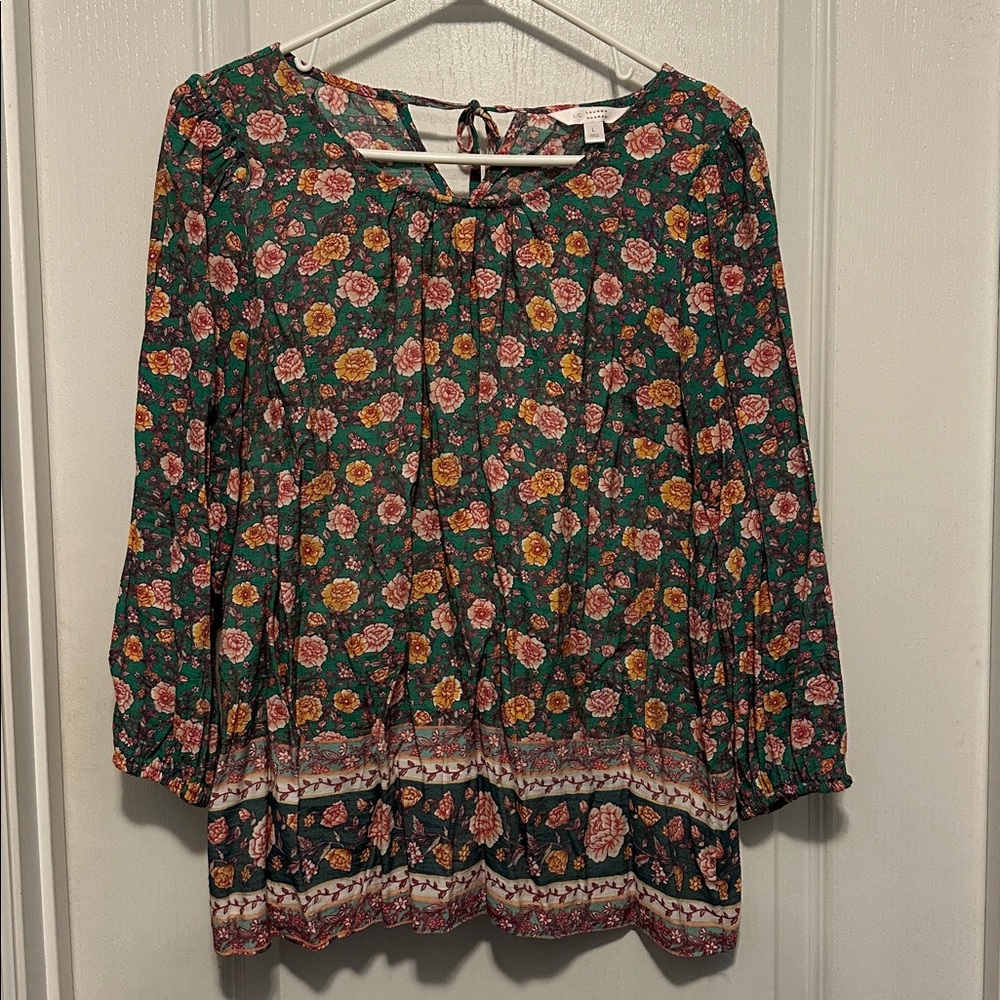 LC Lauren Conrad Teal and Pink Floral Blouse, size Large